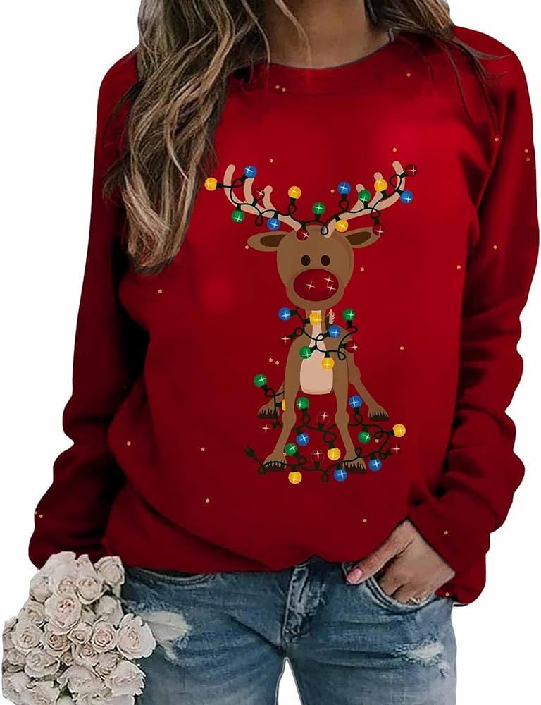 Christmas Shirts for Women Cute Graphic Tees Casual Long Sleeve Crewneck Sweatshirts Plus Size Pu... | Amazon (US)