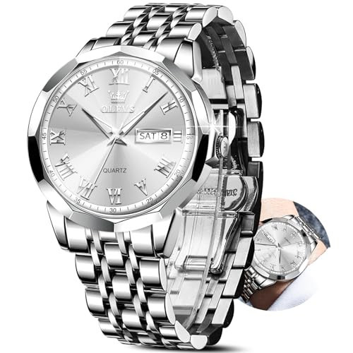 OLEVS Silver Watches for Men Large Face Luxury Mens Silver Watch with Day Date Mens Stainless Steel Watches Waterproof Dress Classic Analog Watch Men Roman Numerals Relojes para Hombres | Amazon (US)