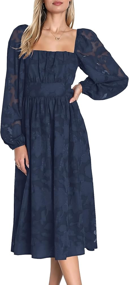 Ferlema Women's 2023 Fall Dresses Floral Lace Long Sleeve Elastic High Waist A Line Flowy Party M... | Amazon (US)