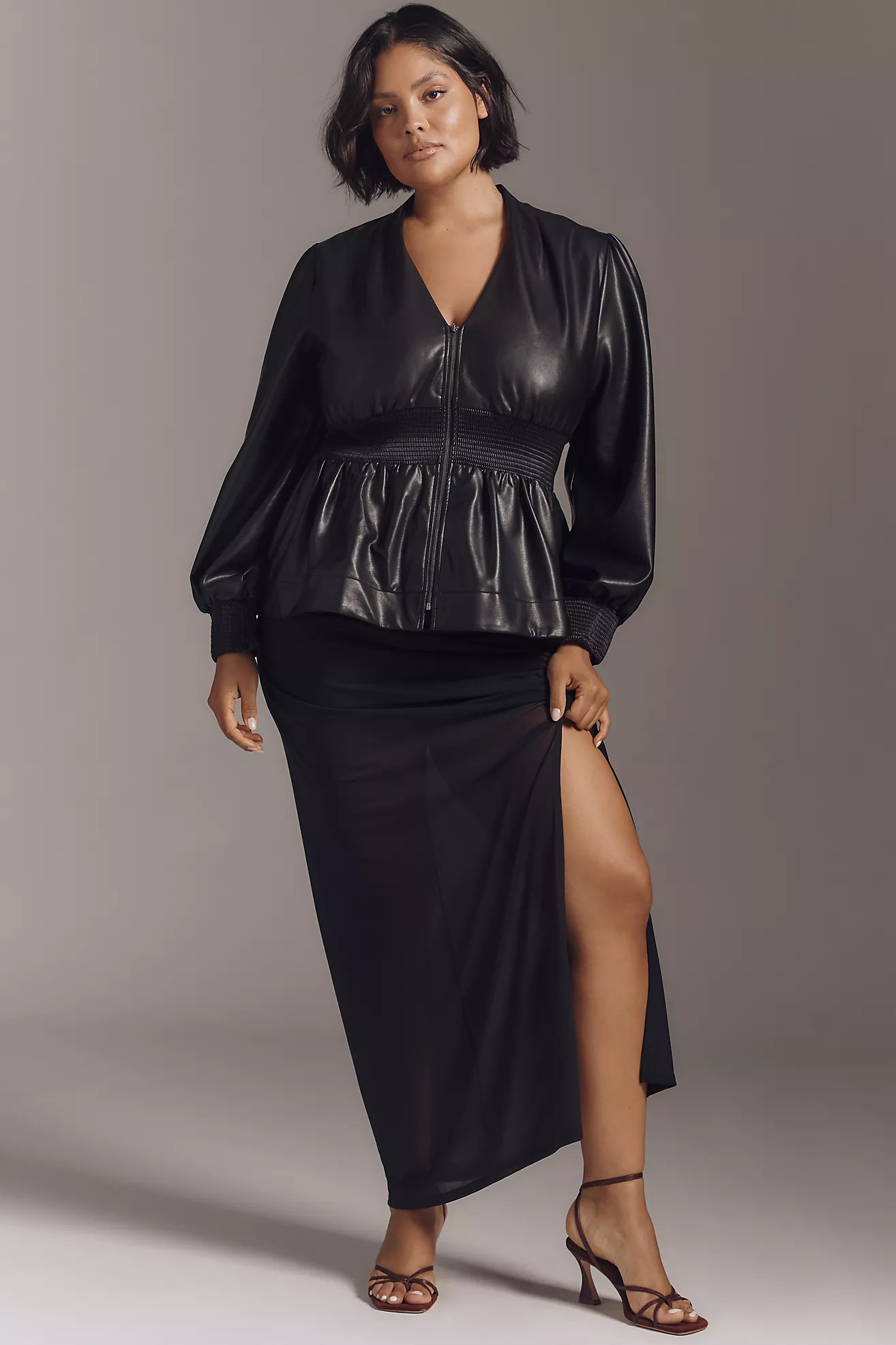 The Tommie Long-Sleeve Faux Leather Smocked Front-Zip Blouse | Anthropologie (US)