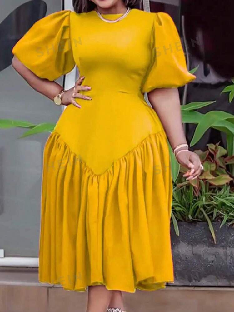 SHEIN Slayr Elegant, Vacation & Party Ready Slim Cut Pure Yellow Lantern Sleeve T-Shirt With V-Ne... | SHEIN