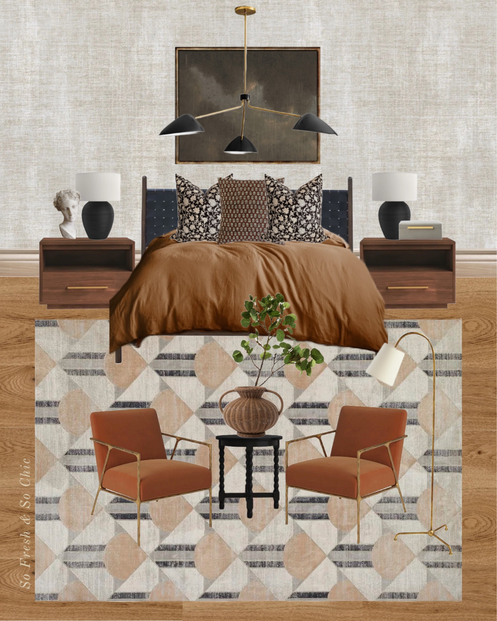 Masculine bedroom mood board. Love the textured wallpaper and that beautiful geometric rug! The floor is European engineered oak in Amber on Wayfair: SKU BDTI1002. The woven vase is the Antonia from McGee & Co. 
-
Textured bedroom - masculine bedroom design - bedroom furniture - woven leather headboard and wood bed - wood nightstands - rust arm chairs - black turned leg table - rust linen duvet cover - cinnamon duvet cover - black table lamps with white shade - artificial aspen branches - faux greenery - large abstract art studio mcgee inspired - mid century modern chandelier sale - black chandelier - Grecian bust - grey shagreen box - block print throw pillows - throw pillow covers black - bedroom decor - luxury bedroom - arched floor lamp - Wayfair - Serena and Lily - Afloral - Joss and Main - Etsy - Quince

#LTKhome #LTKsalealert