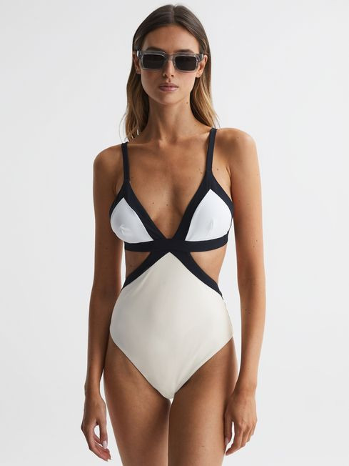Reiss Black/White Alice Colourblock Cut-Out Swimsuit | Reiss US