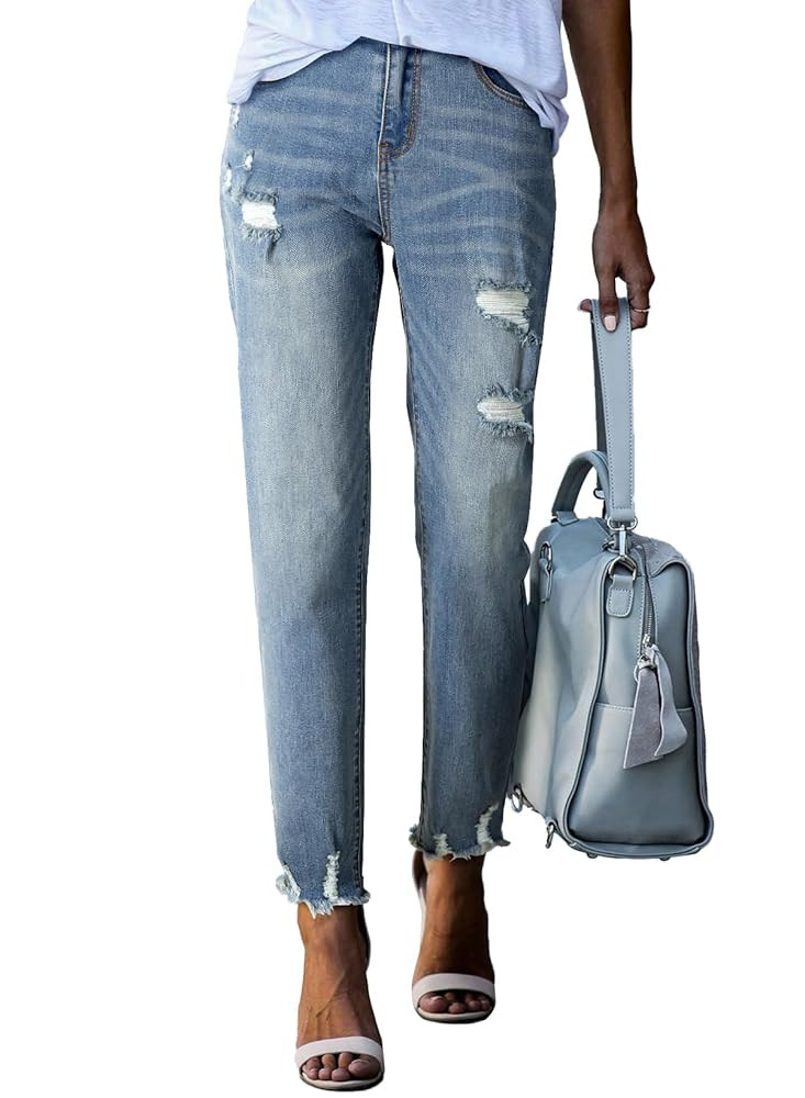 EVALESS Womens Jeans High Waisted Stretchy Ripped Distressed Tummy Control Straight Ankle Jean fo... | Amazon (US)