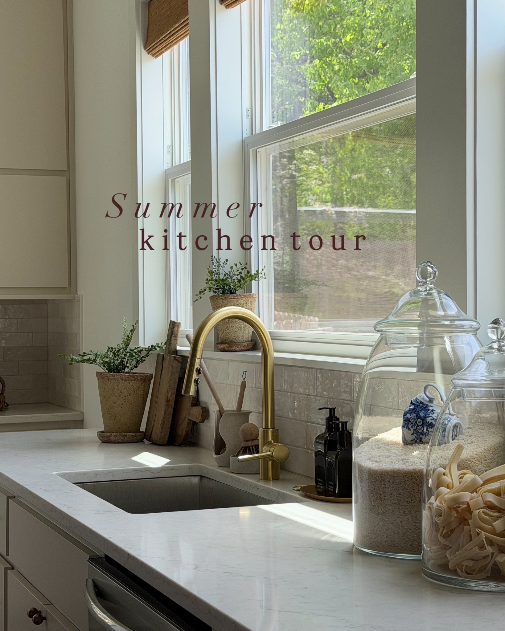 Summer kitchen tour ☀️🌻🍉🌷🍑 Comment SHOP for links to everything in my kitchen.

Kitchen Cabinets in the color Natural Linen @sherwinwilliams 
Hardware @amazonhome
Brass sconces @mcgeeandco
Counter stools @homeandkidsco
White pot & floral arrangement @athomestores