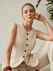 MOTF PREMIUM LINEN SINGLE BREASTED WAISTCOAT | SHEIN