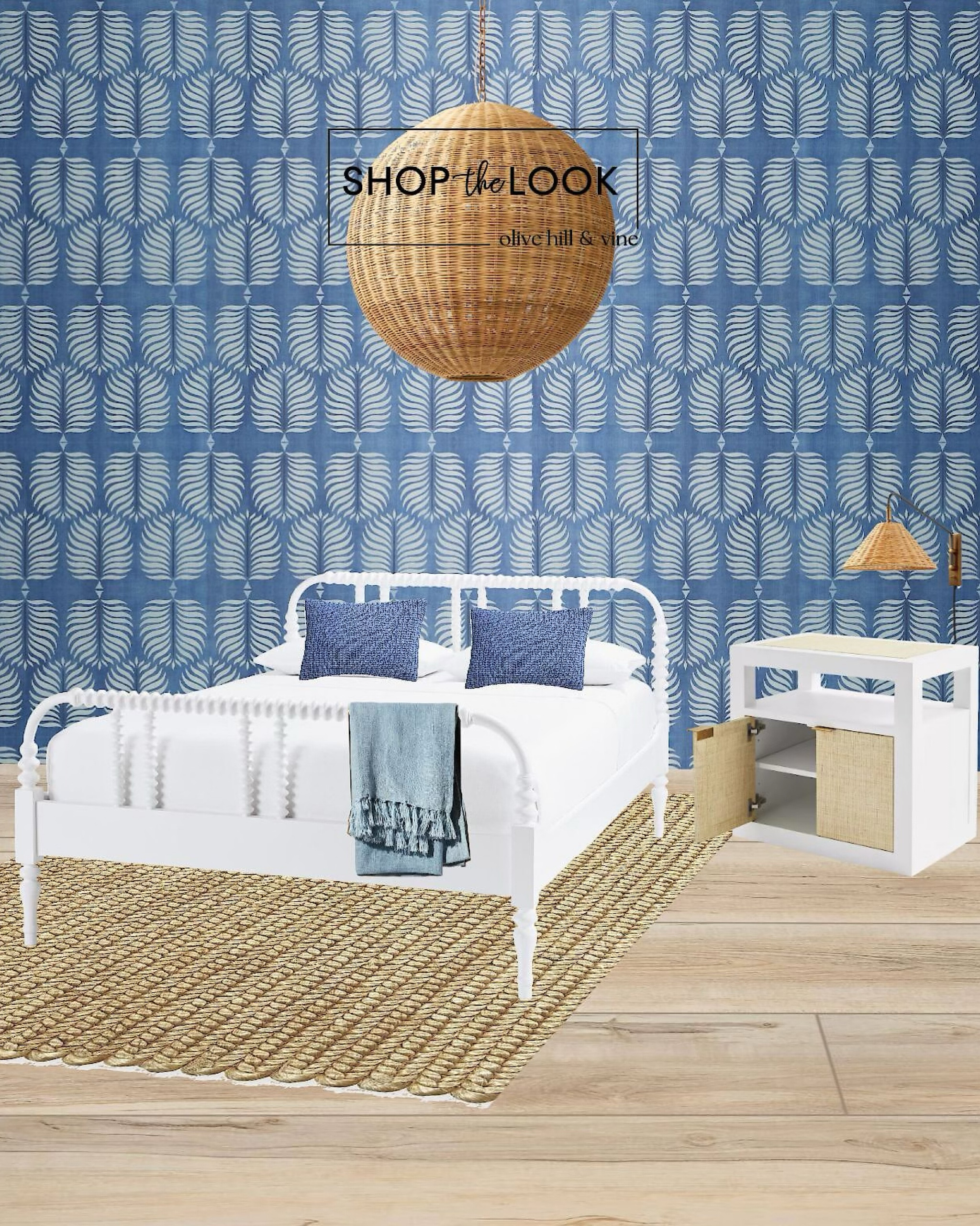 Turn your bedroom into a peaceful escape with a calming blue and white palette. Add soft rattan lighting for a warm, relaxing glow, and elevate the coastal vibe with leaf-patterned wallpaper that brings the beauty of nature inside. 

#LTKHome #LTKFamily #LTKStyleTip