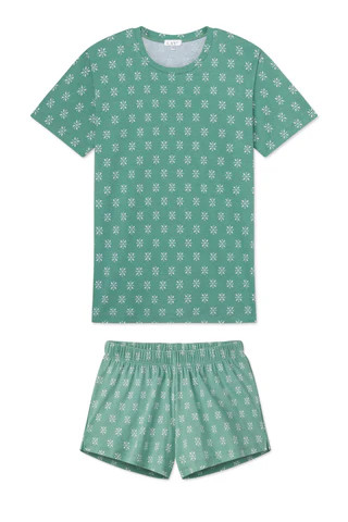 Pima Crew Shorts Set in Boxwood Moroccan Blockprint | Lake Pajamas