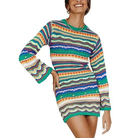 wsevypo Women s Flared Long Sleeve Patchwork Crew Neck Hollow Out Striped Knit Crochet Mini Dress | Walmart (US)