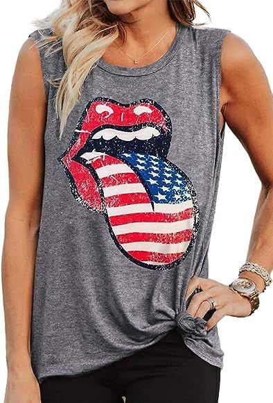 EIGIAGWNG Womens Kiss Leopard Lip Tank Tops Funny Sleeveless American Flag Lips T-Shirts | Amazon (US)