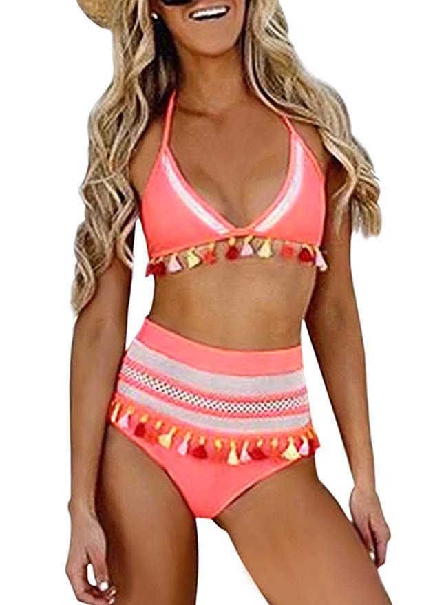 Dokotoo Womens High Waist Two Pieces Bikini Set Striped Tassel Swimsuit | Amazon (US)