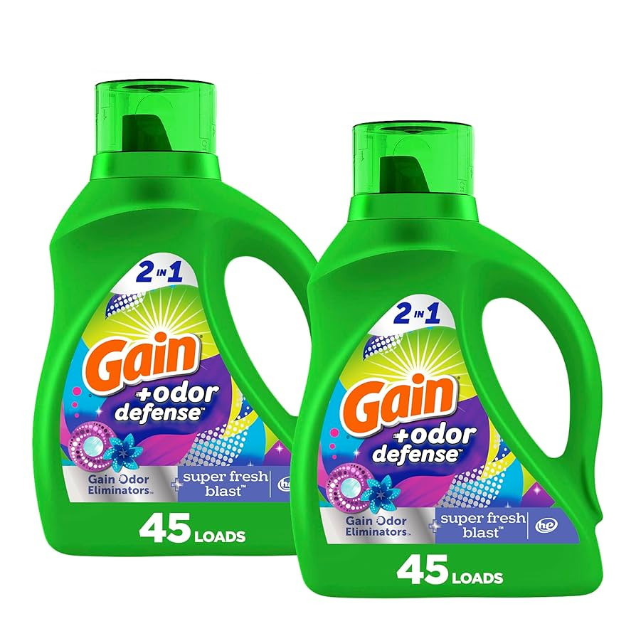 Gain + Odor Defense Liquid Laundry Detergent 2-Pack, Super Fresh Blast Scent, 65 fl oz each, 45 L... | Amazon (US)