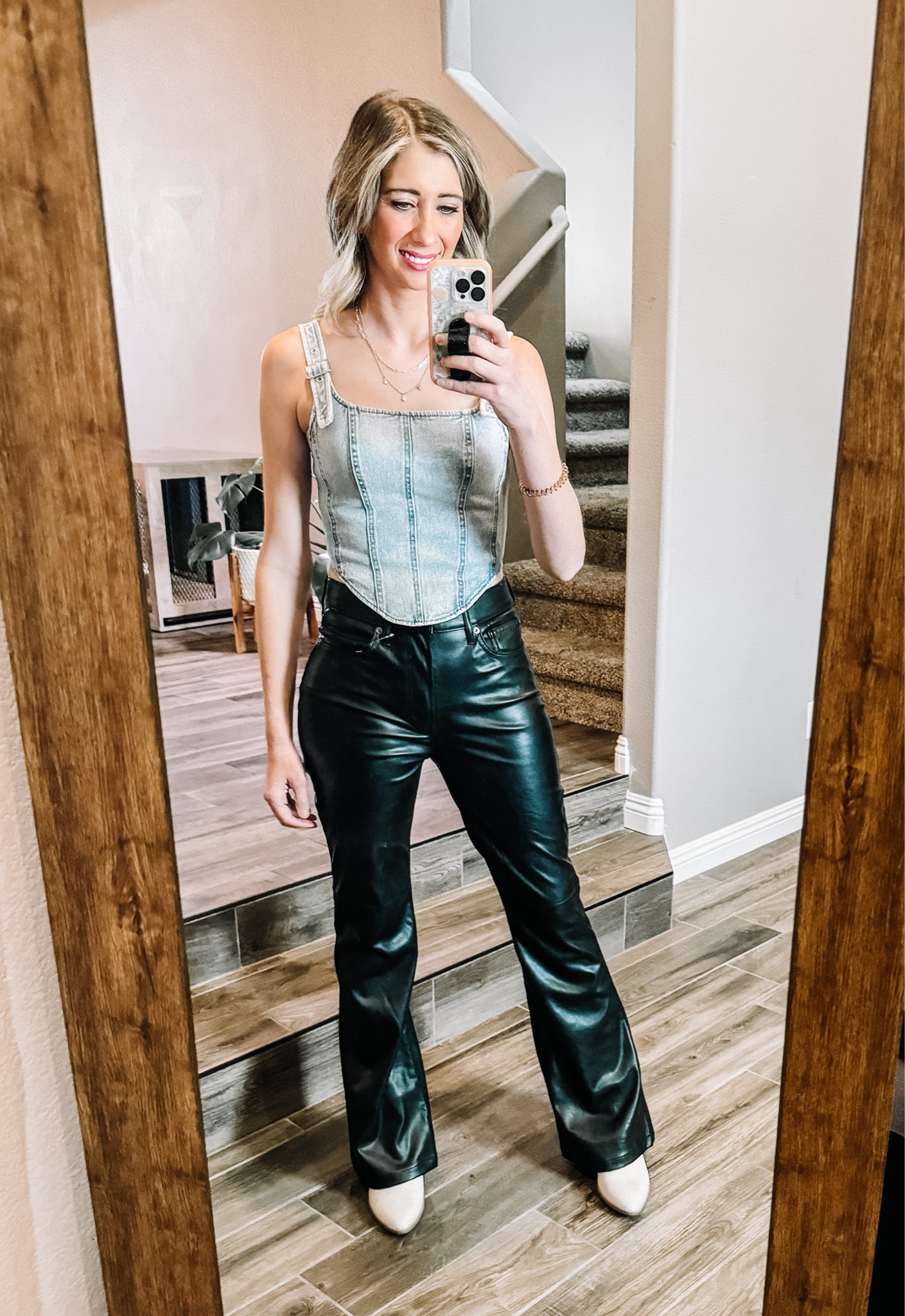 These high waisted black vegan leather flare pants from Gap are so good for my trip to Nashville! Plus they are on sale right now!! I’m loving them paired with white cowboy boots and this denim top from target!

I’m 5’5” and these were the perfect length with boots. 

I’m wearing a 26 but could size down to a 25. 

Top I’m in an XXS (size down at least 1 in this top!!)

#LTKfindsunder50 #LTKsalealert