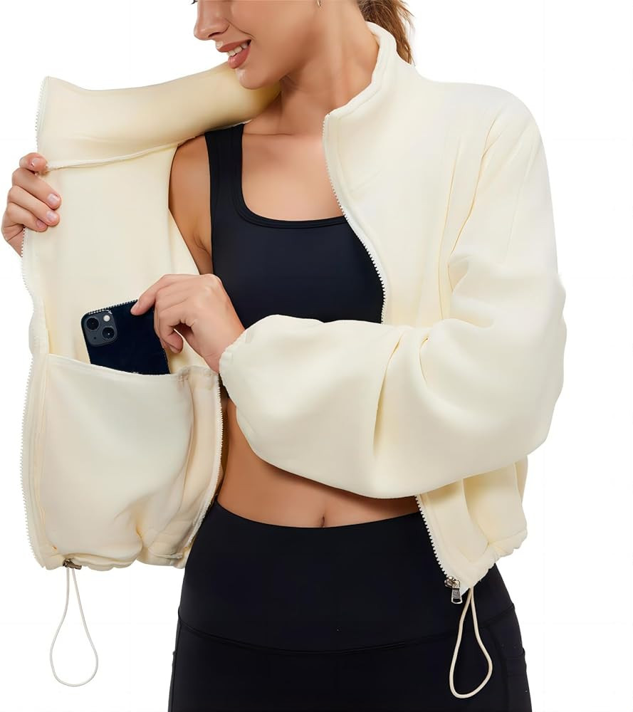 Women's Sweatshirts Sherpa Jacket Zip Crop Top Fuzzy Jacket Full Zip Stand Collar Crop Coat | Amazon (US)