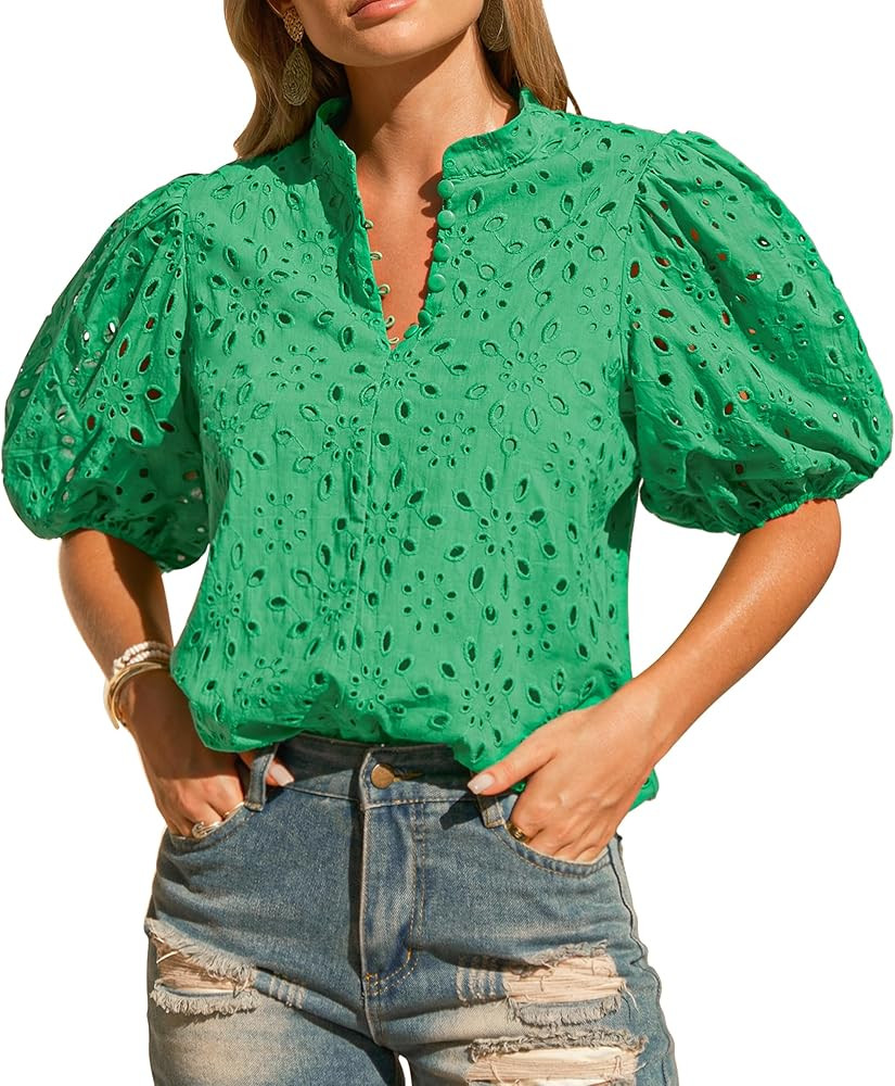 Womens Eyelet Summer Tops Lantern Short Sleeve Button V Neck Dressy Casual Blouses Hollow Out Emb... | Amazon (US)