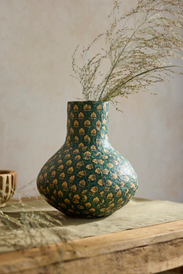 Patterned Papier Mache Vase, Green | Terrain