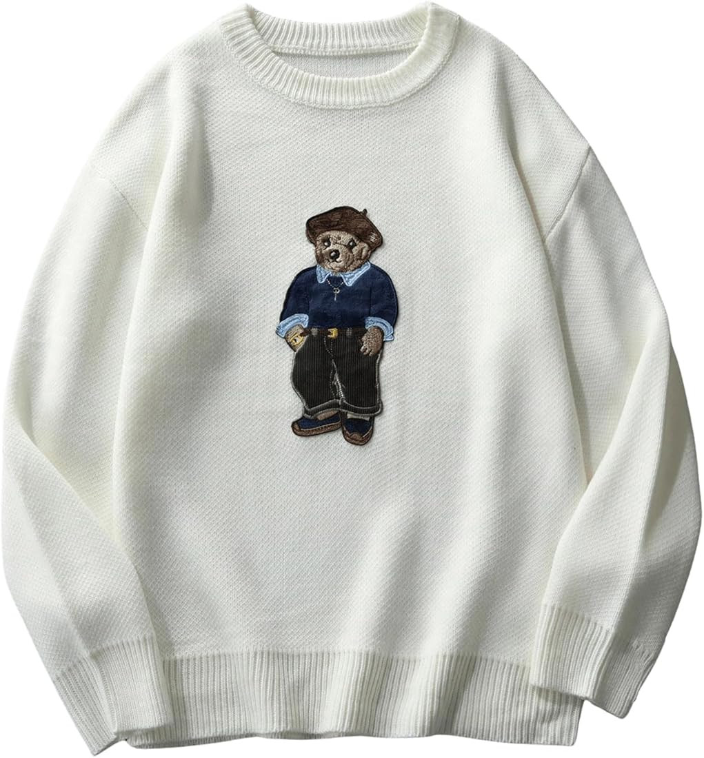 SHENHE Men's Oversized Crew Neck Cute Bear Sweater Vintage Unisex Preppy Sweater Jumper | Amazon (US)