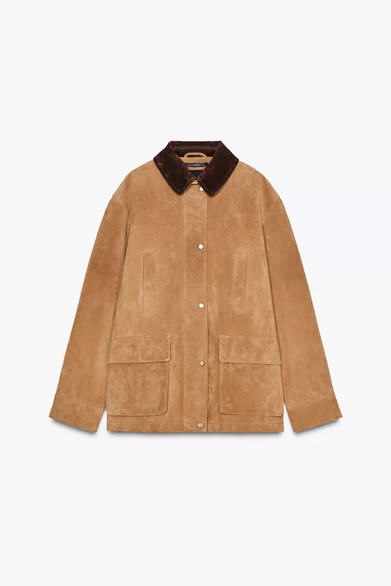 Jacket made of 100% suede leather. Contrast lapel collar in the same fabric. Long sleeves with bu... | Zara UK