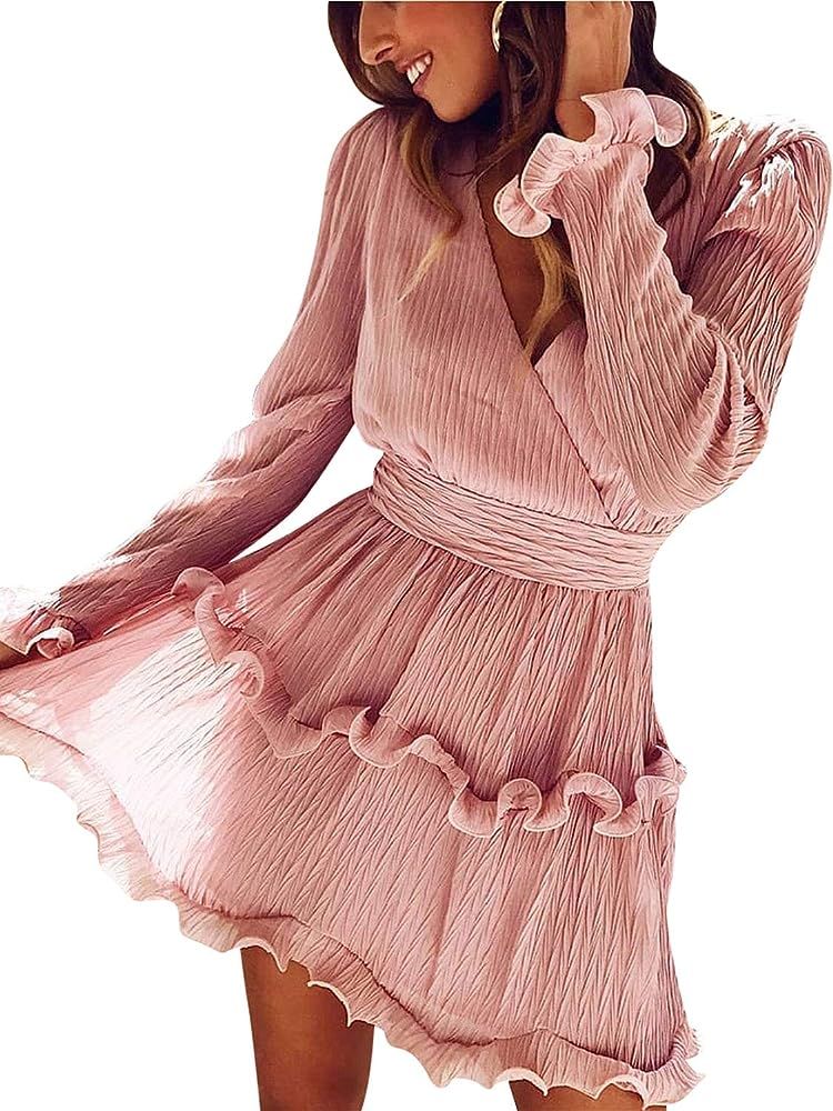 Women's Long Sleeve V Neck Chiffon Mini Dress Pleated Ruffles Short Dress | Amazon (US)