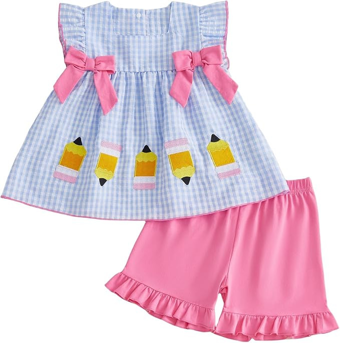 Toddler Girl Back to School Outfit Kids Pencil Plaid T-Shirt Shorts Set | Girls Perschool Kinderg... | Amazon (US)