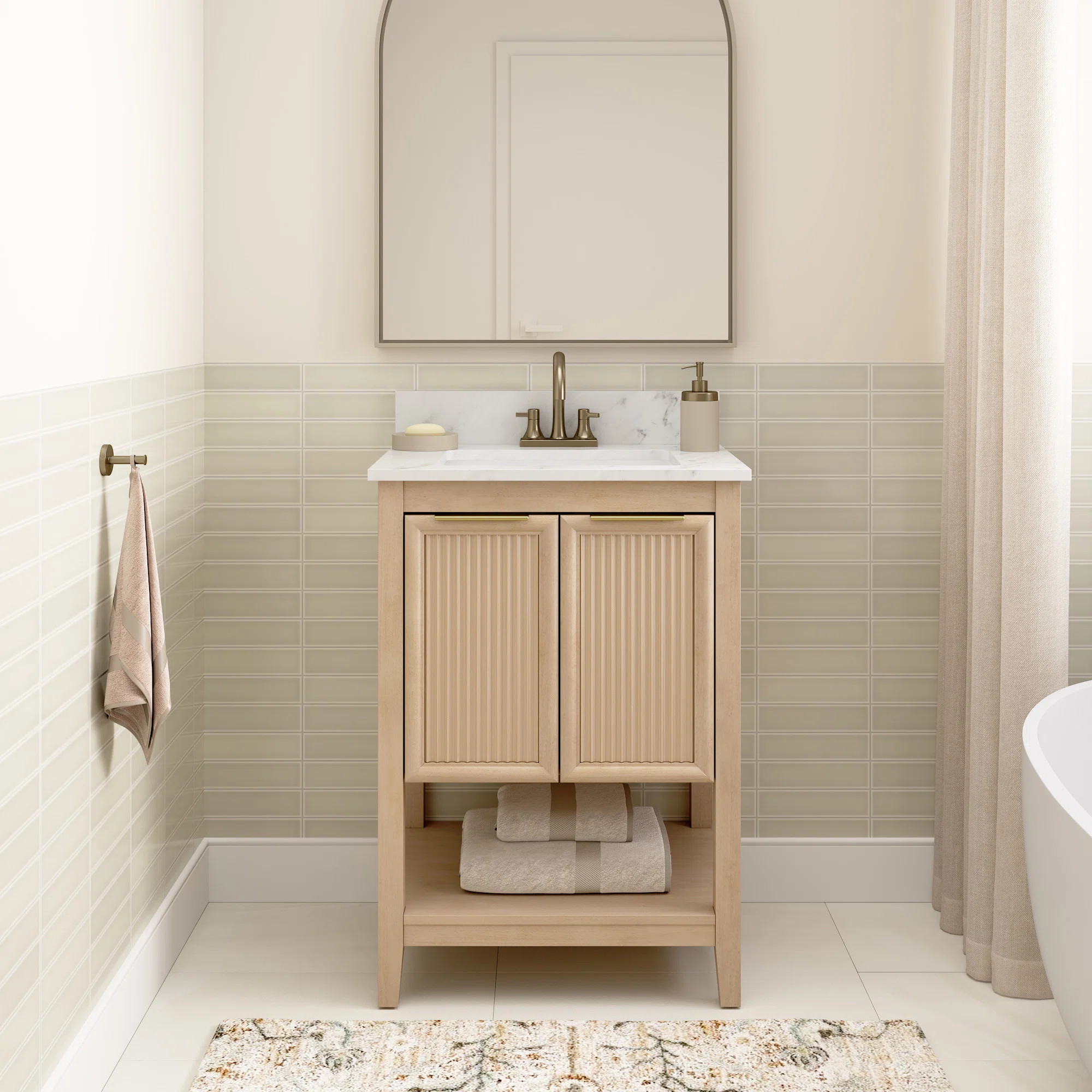 24” Bathroom Vanity with Sink, Fluted Cabinet, Faux Marble Top, Modern Style, Natural Birch | Wayfair North America