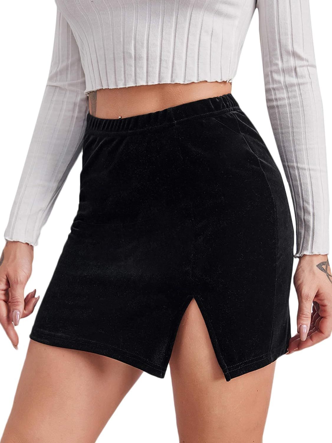 Romwe Women's Velvet Elastic High Waist Split Hem Bodycon Pencil Mini Skirts | Amazon (US)