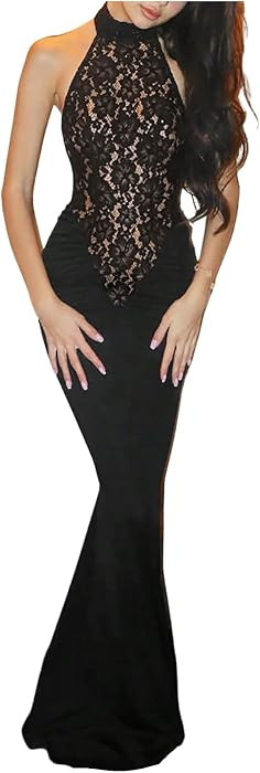 SweatyRocks Women's Lace Mock Neck Halter Fishtail Maxi Party Dress | Amazon (US)