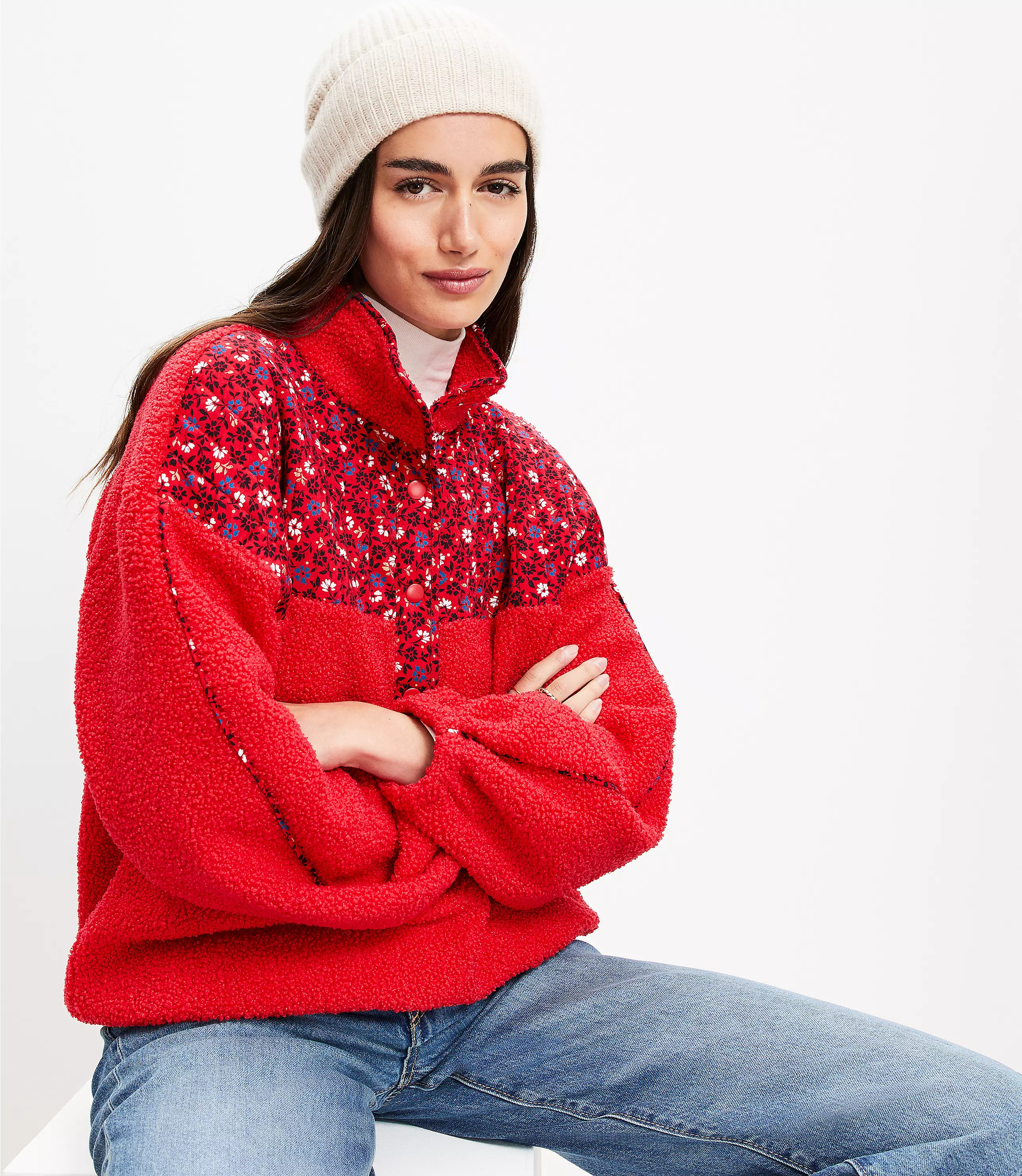 Floral Cozy Sherpa Mixed Media Sweatshirt | LOFT