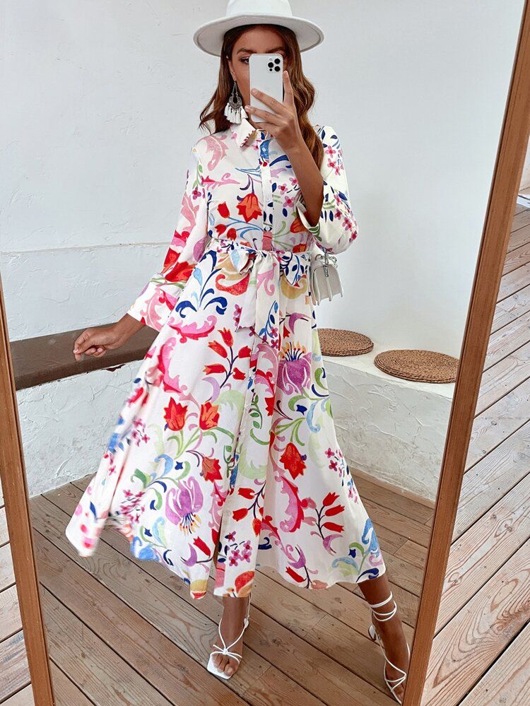 Floral Print Shirt Dress With Belt | SHEIN