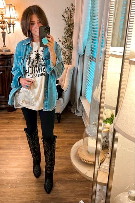 Country concert western outfit.  Western boots.  Denim shacket is old, but I linked a similar one.  

#LTKshoecrush #LTKstyletip #LTKunder100