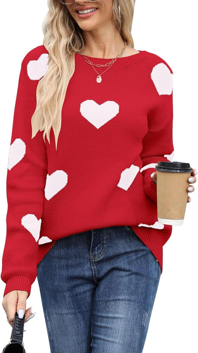Women's Pullover Sweaters Long Sleeve Crew Neck Cute Multi-Hearts Knitted Casual Sweater | Amazon (US)