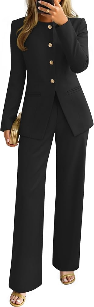 ZESICA Women's 2026 Spring Two Piece Suits Set Casual Business Long Sleeve Blazer Jacket Wide Leg... | Amazon (US)