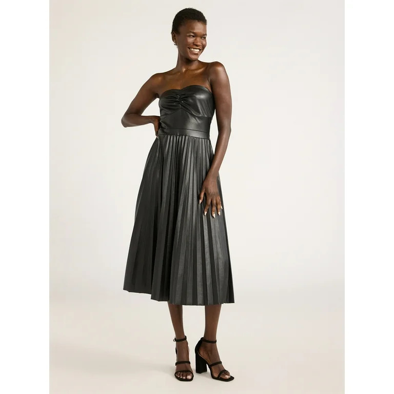 Scoop Women's Ultimate Faux Leather Strapless Pleated Midi Dress, Sizes XS-XXL | Walmart (US)