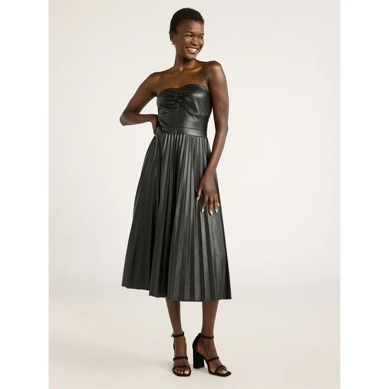 Scoop Women's Ultimate Faux Leather Strapless Pleated Midi Dress, Sizes XS-XXL - Walmart.com | Walmart (US)