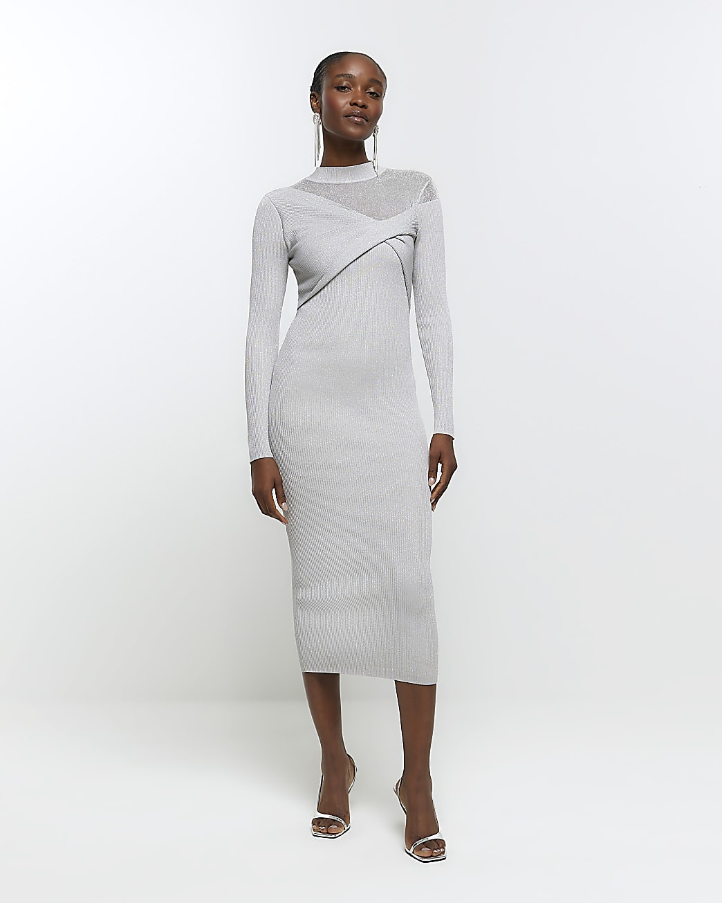 Silver sheer detail bodycon midi dress | River Island (UK & IE)