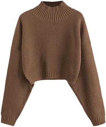ZAFUL Women's Cropped Turtleneck Sweater Lantern Sleeve Ribbed Knit Pullover Sweater Jumper | Amazon (US)
