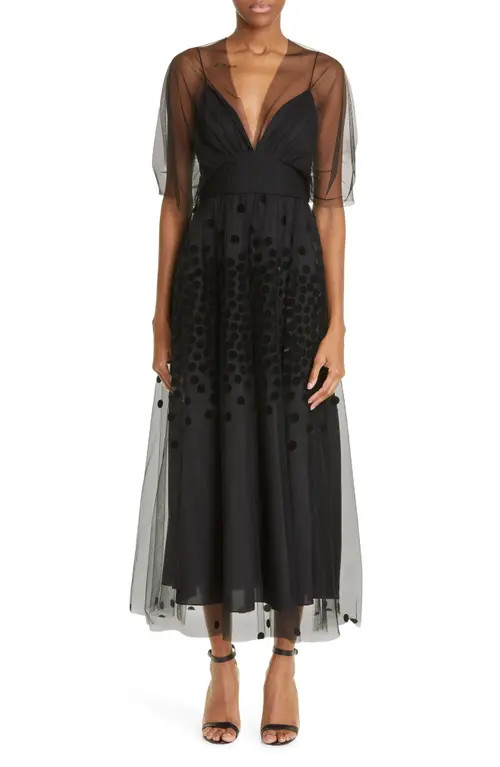 Lela Rose Flocked Polka Dot Tulle Midi Dress in Black at Nordstrom, Size 2 | Nordstrom