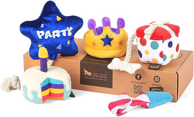 P.L.A.Y. Cute Plush Dog Toys - Birthday Party Celebration Themed Durable Squeaker Chew Toys, for ... | Amazon (US)