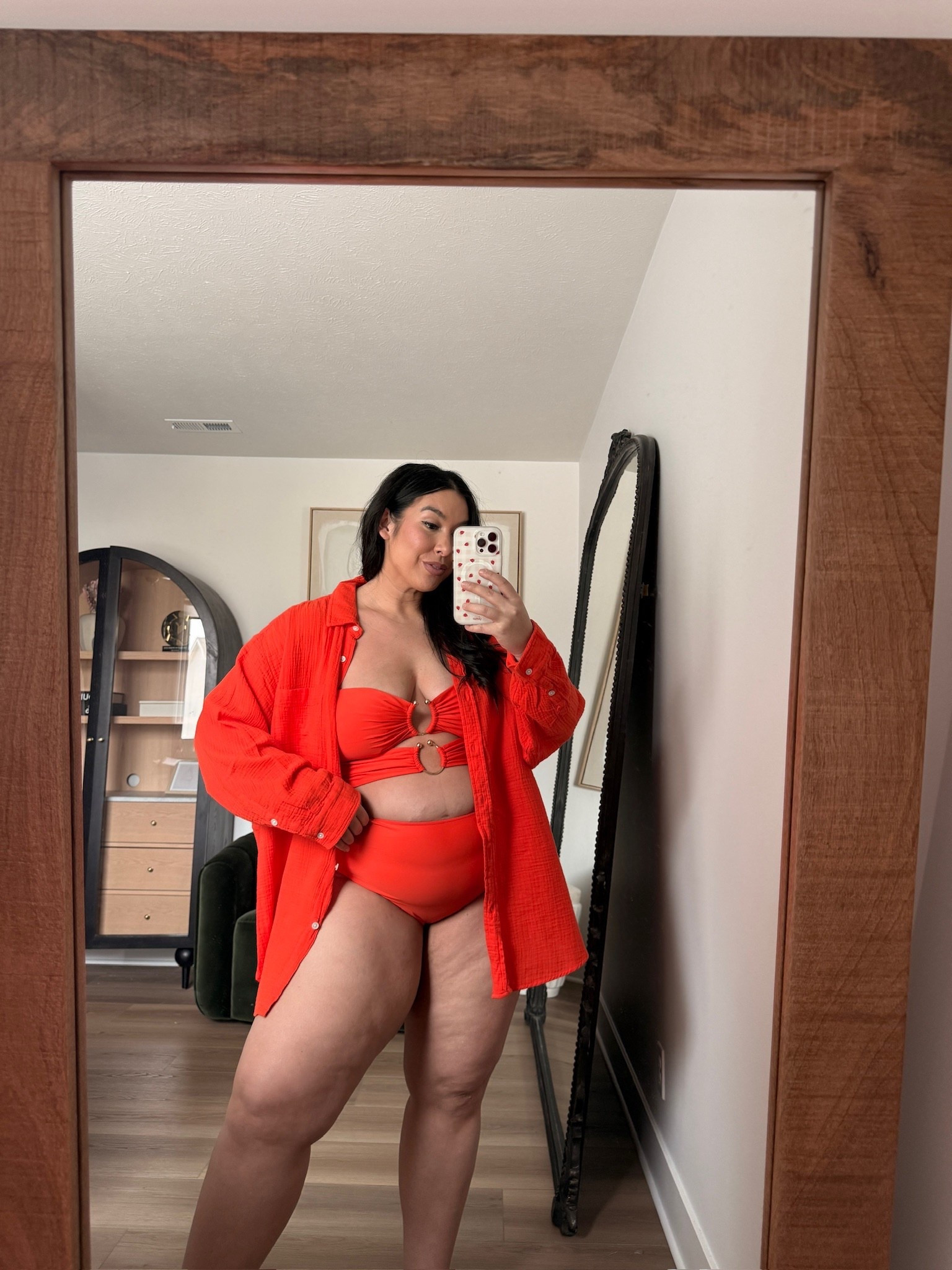 Aerie orange/red one-piece with the cutest detailing! Love it with the matching coverup shirt. 
-
-
-
Aerie, Midsize, Midsize OOTD, Denim shorts, Spring OOTD, Summer OOTD, Curvy fashion, Midsize denim, Swimsuit, One Piecee @Aerie 

#LTKSwim #LTKMidsize #LTKSeasonal