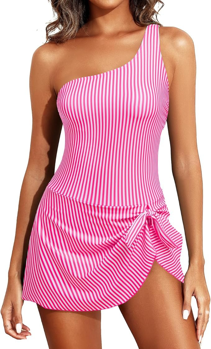 Tempt Me Women One Piece Swim Dress One Shoulder Swimsuit with Skirt Tummy Control Swimdress Bath... | Amazon (US)