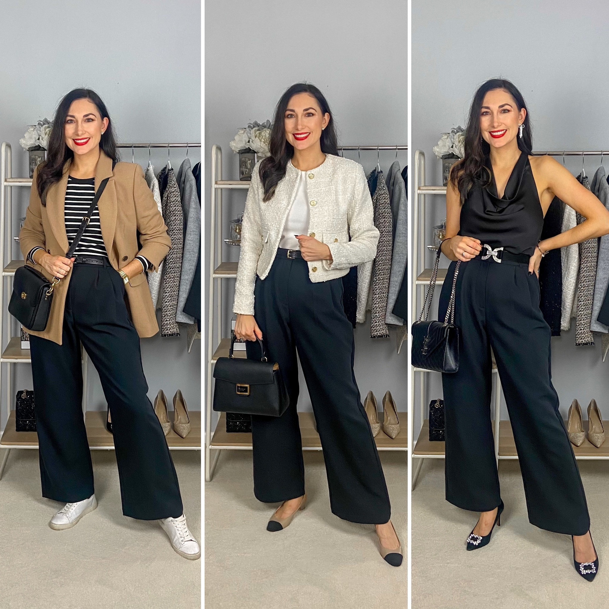 3 ways to wear wide leg pants 🖤 Pants & tweed jacket (extra 15% off) are currently 20% off with code cheers20 🥂 

Smart casual outfit 
Tan blazer (linked similar)
Black and white striped ribbed tee size xs (size down for a fitted look)
Black high rise wide leg pants size 27, TTS
White sneakers size 7, TTS

Work Outfit 
Ivory tweed jacket size small, TTS
Ivory shell (linked similar)
Black high rise wide leg pants size 27, TTS
Cap toe sling backs size 7 narrow, fit small 

Date Night Outfit 
Black cowl neck halter top size small, fit big size down if between sizes 
Black high rise wide leg pants size 27, TTS
Black crystal buckle heels (linked similar)



#LTKSeasonal #LTKstyletip #LTKsalealert