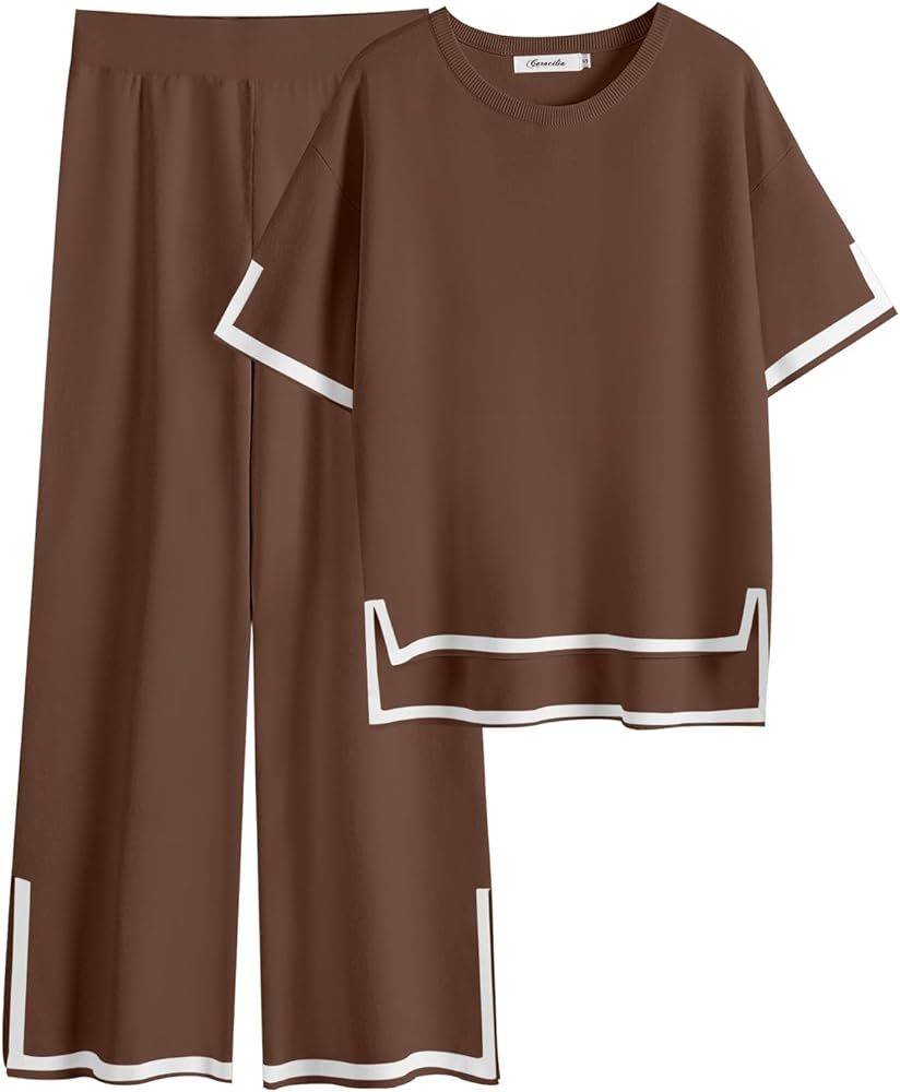 Caracilia Women 2 Piece Outfits Summer Knit Sweater Sets Short Sleeve Lounge Matching Set Pajama ... | Amazon (US)