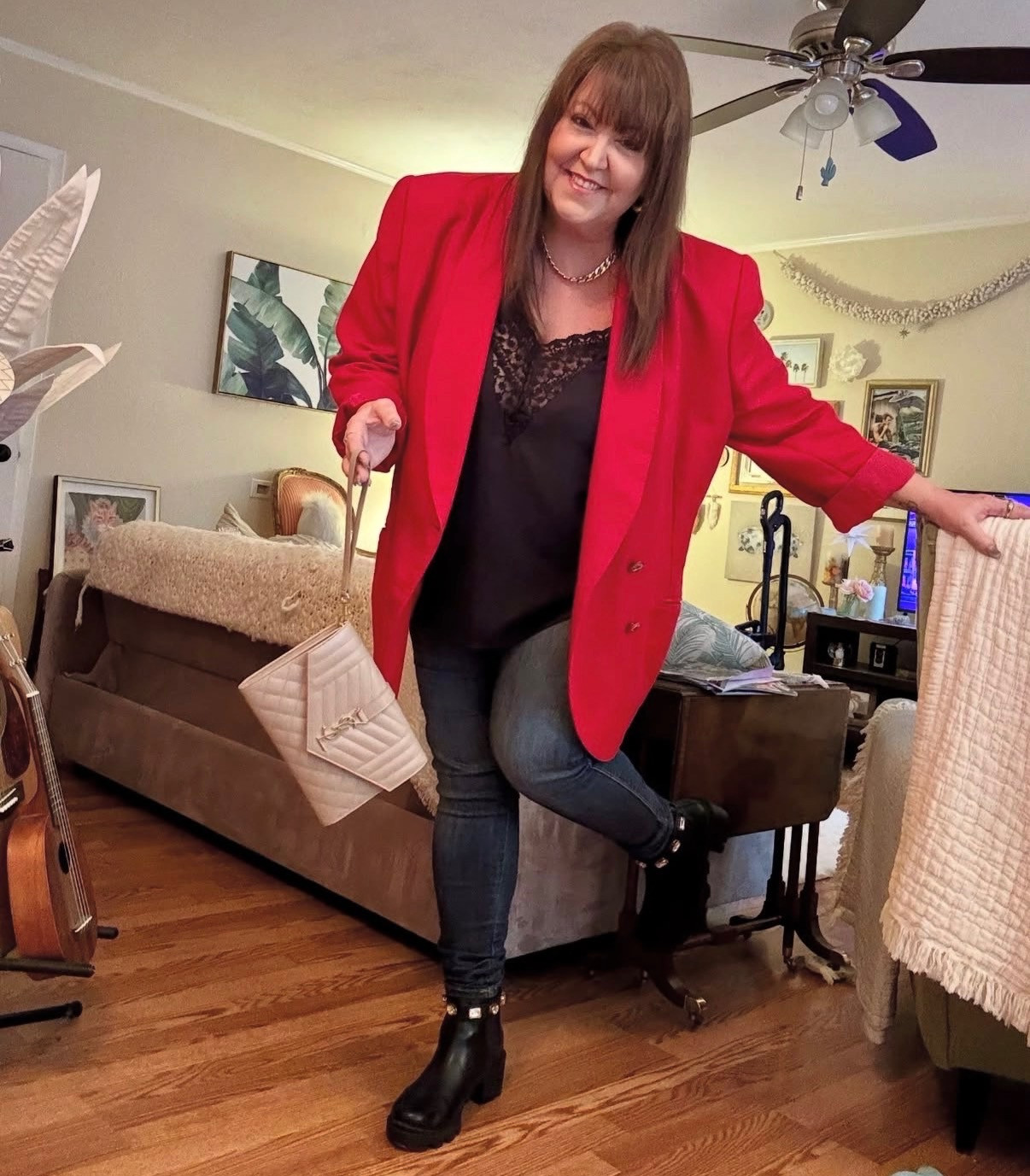 One of my favorite Christmas party looks, featuring an 80's vintage blazer, Kut from Kloth jeans, Steve Madden booties and a YSL envelope bag. I pinned some items that emulate this look. 

 #LTKHoliday #LTKOver40 #LTKPlusSize