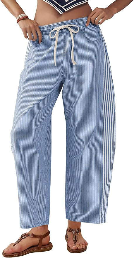 SCUSTY Women's Baggy Wide Leg Jeans Mid Rise Barrel Denim Ankle Pants Casual Striped Pull On Draw... | Amazon (US)