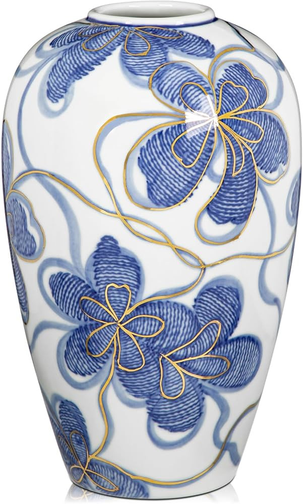 Ceramic Vase Blue/White with Gold Decoration - Hand-Painted Asian Style Flower Vase - Chinoiserie... | Amazon (DE)
