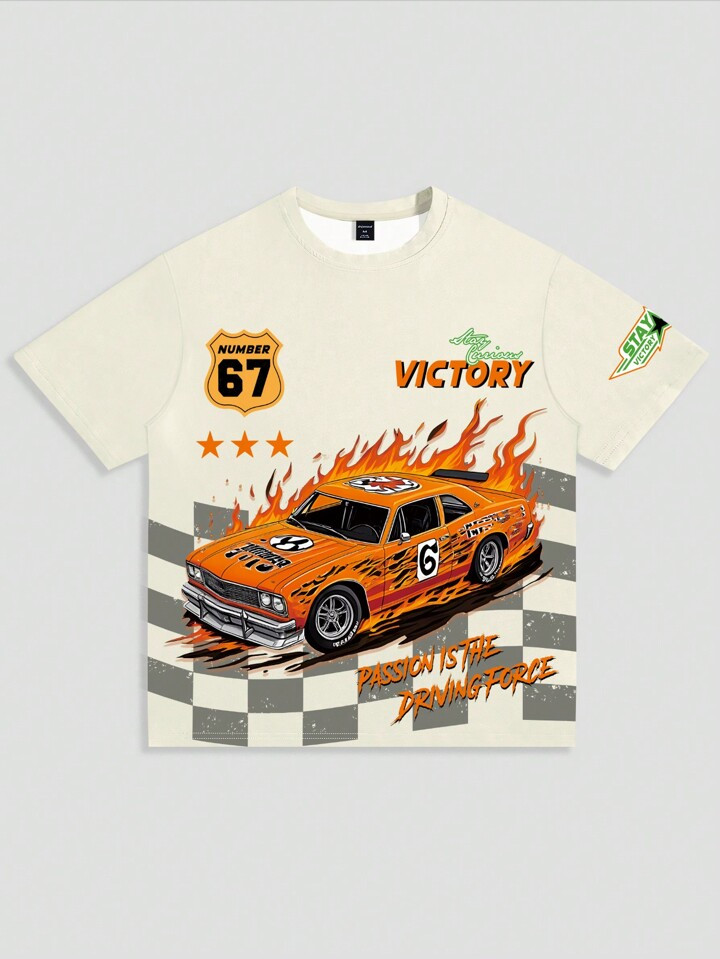 ROMWE Street Life Men's Summer Casual Short-Sleeved T-Shirt With Letter And Car Print Round Neck | SHEIN