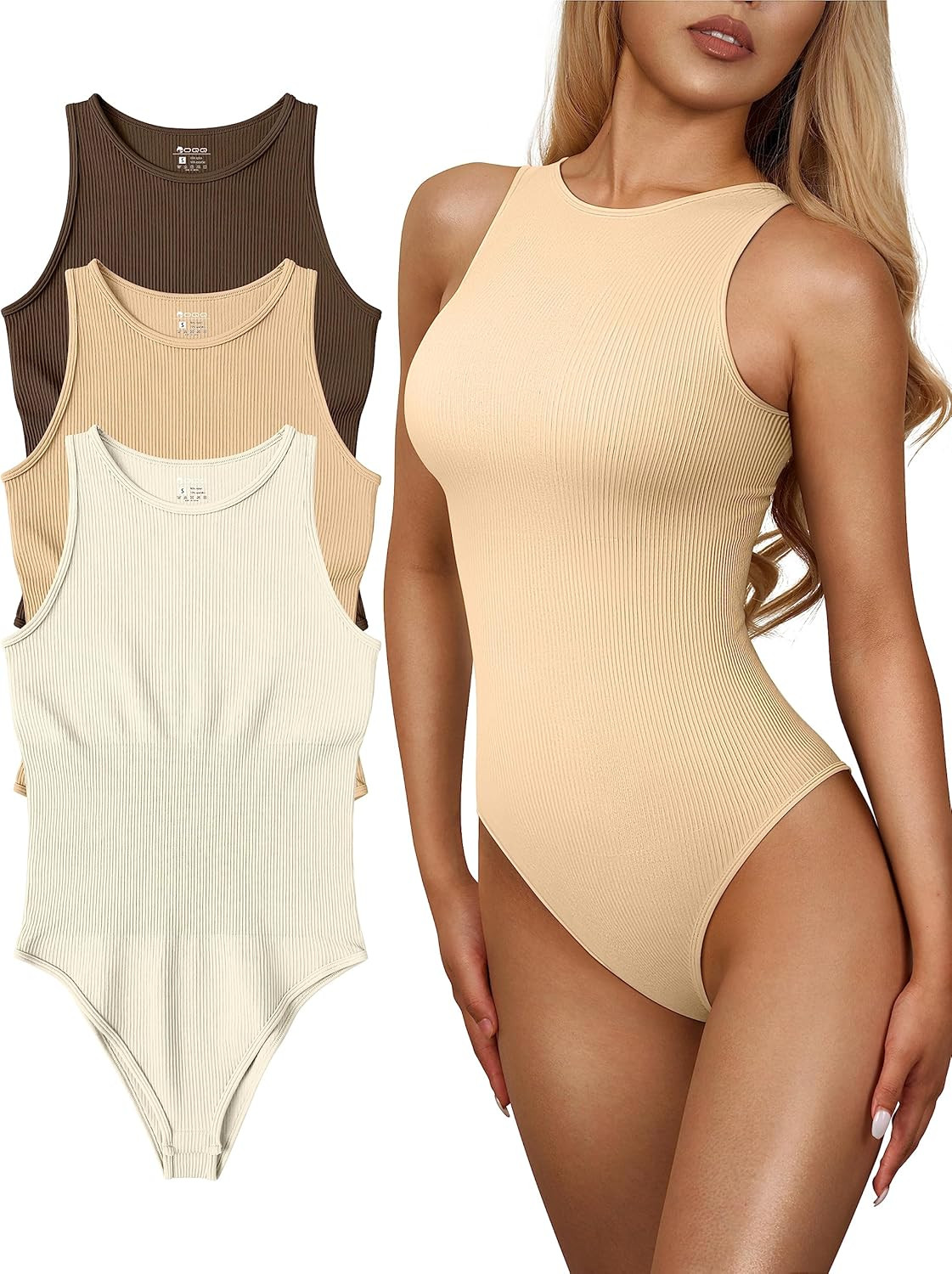 OQQ Women's 3 Piece Bodysuits Sexy Ribbed One Piece Sleeveless Halter Neck Bodysuits | Amazon (US)