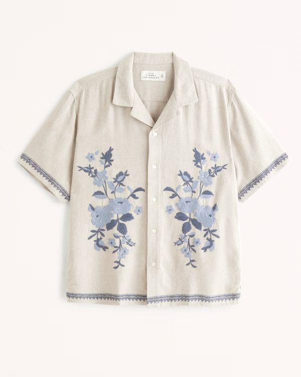 Men's Camp Collar Summer Linen-Blend Embroidered Shirt | Men's Sale | Abercrombie.com | Abercrombie & Fitch (UK)