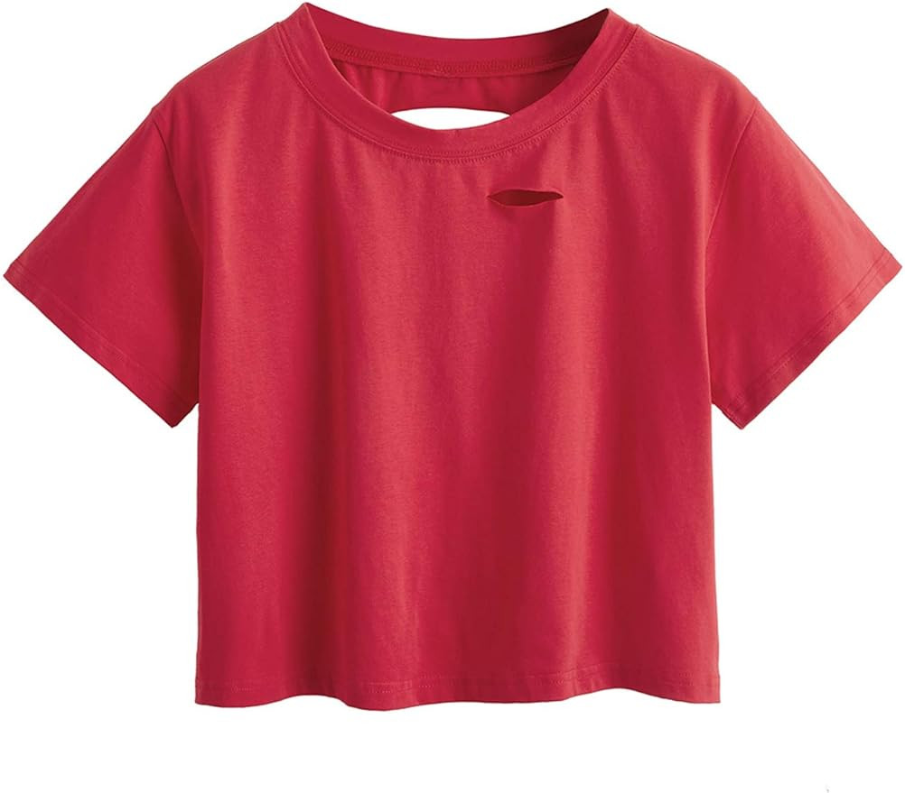 SweatyRocks Women's Summer Short Sleeve Tee Distressed Ripped Crop T-Shirt Tops | Amazon (US)