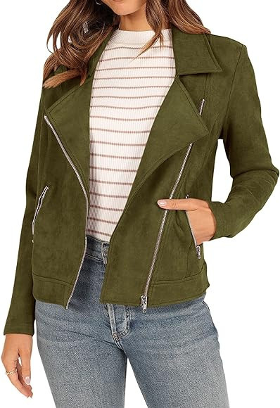 KIRUNDO Women's 2023 Fall Faux Suede Biker Moto Jacket Fashion Long Sleeve Zipper Short Casual Co... | Amazon (US)